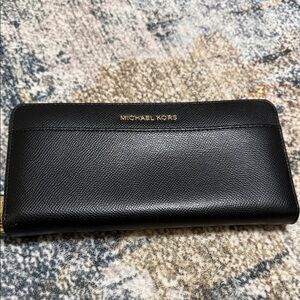 Michael Kors Black Saffiano Leather Zip-Around Wallet with Gold Logo